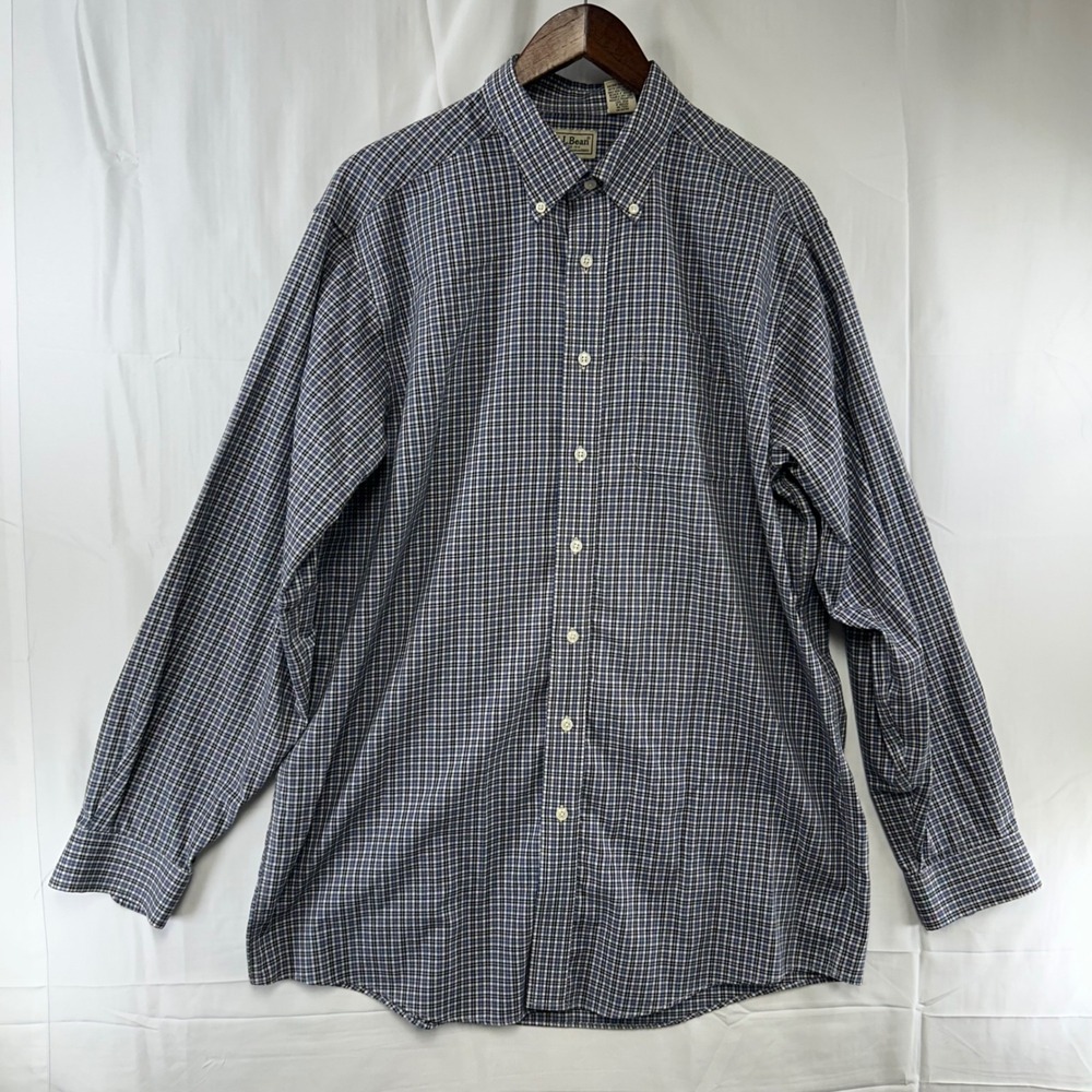 LL Bean Button Down Shirt Mens Large Tall Blue Check Long Sleeve Cotton